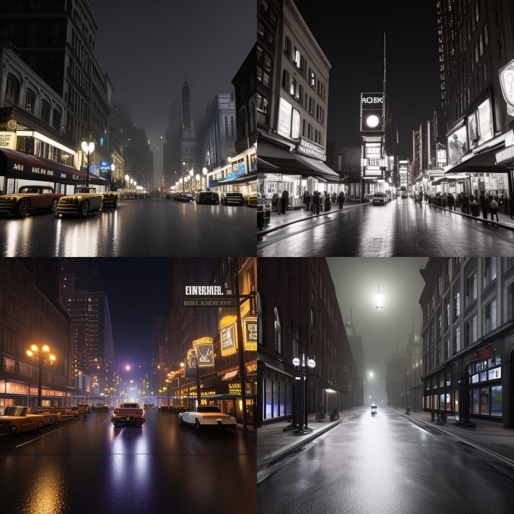 Film Noir Downtown Street in Detailed Matte Painting