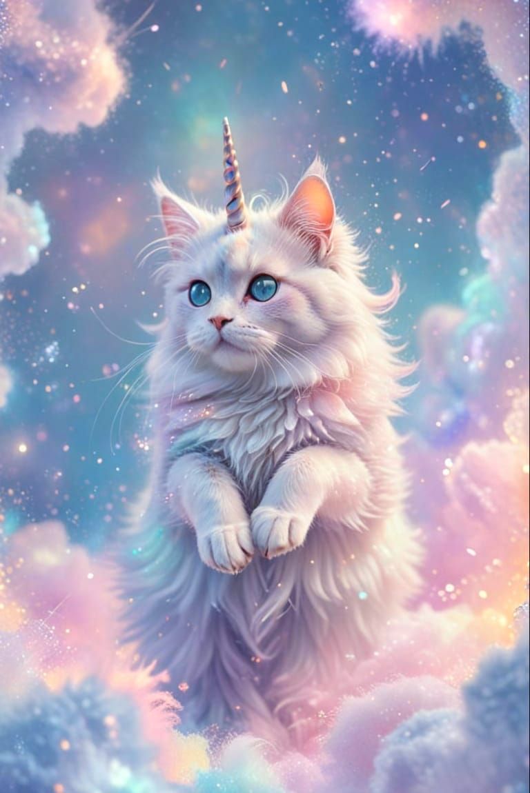 Unicorn cat floating in pastel dreamy clouds