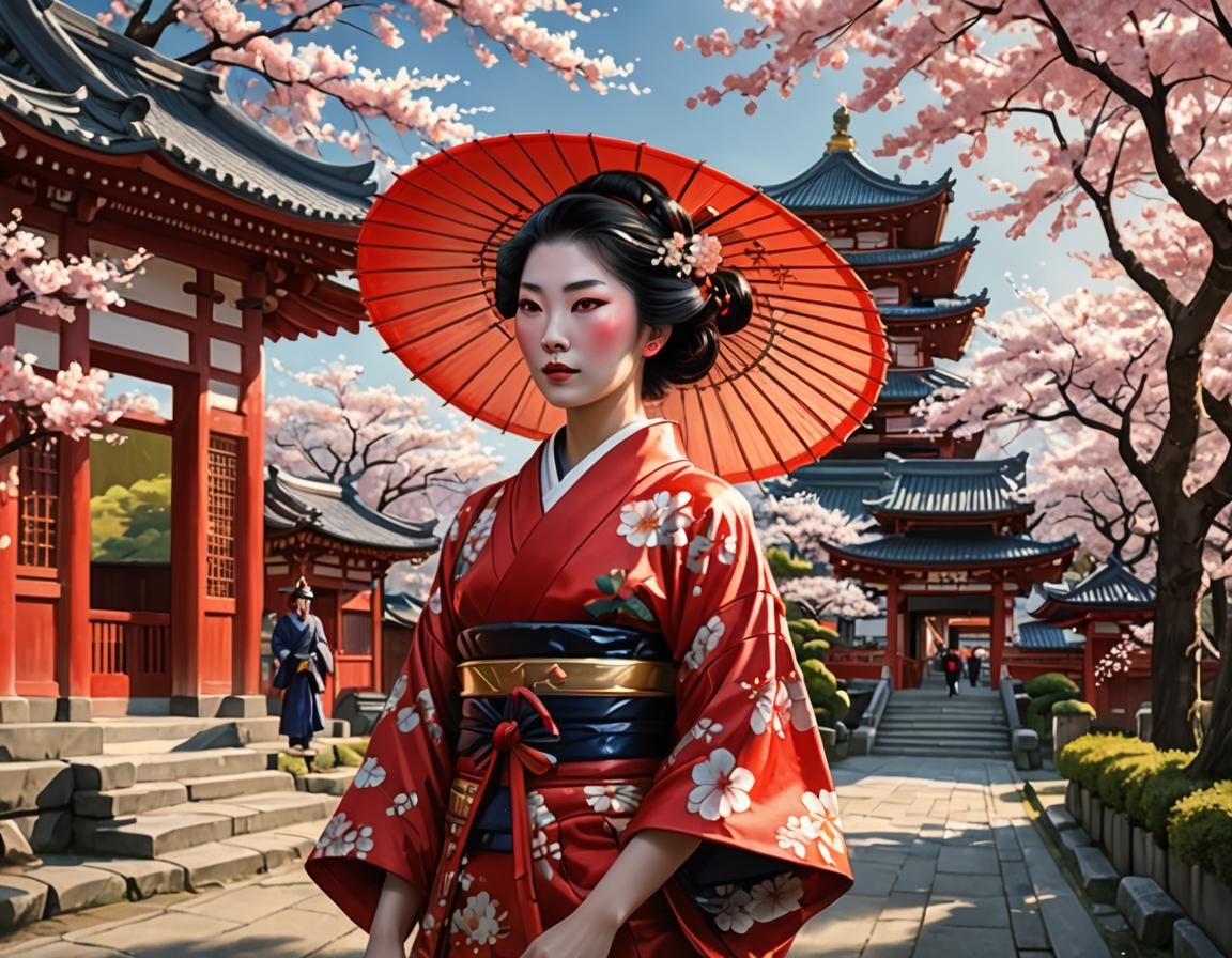 Geisha and Samurai near Temple in Art Nouveau Style