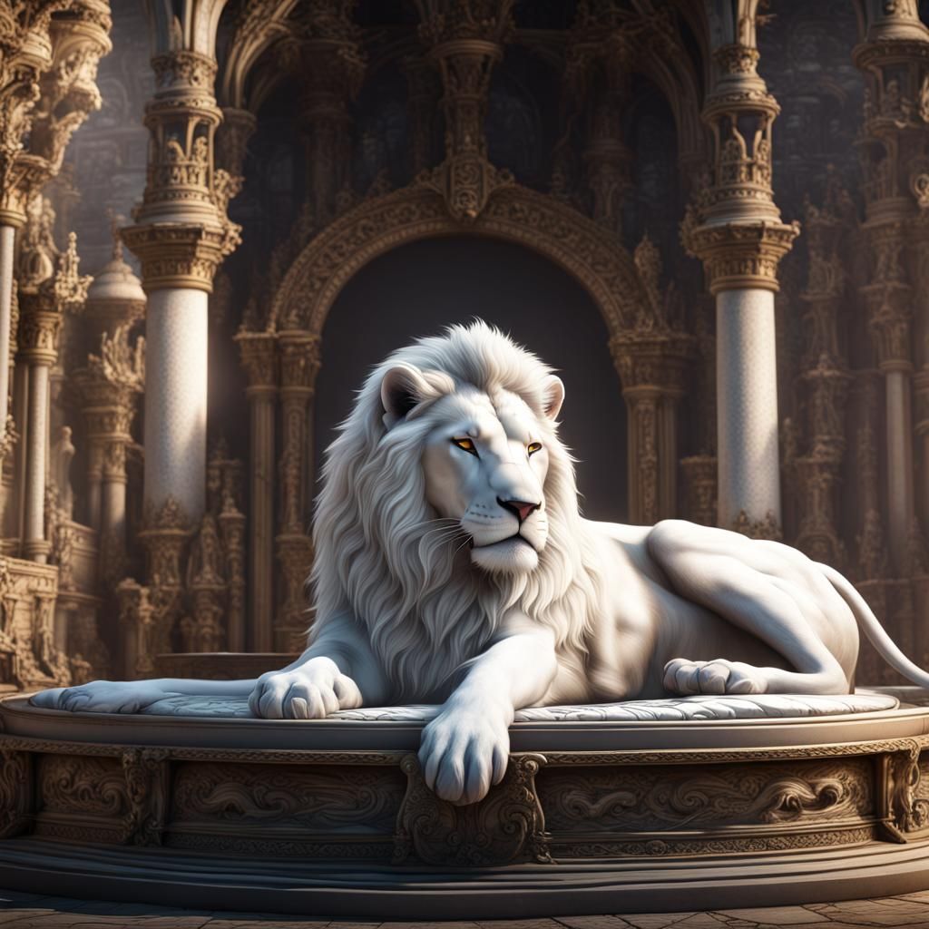 Majestic White Lion Sleeps in Castle Interior