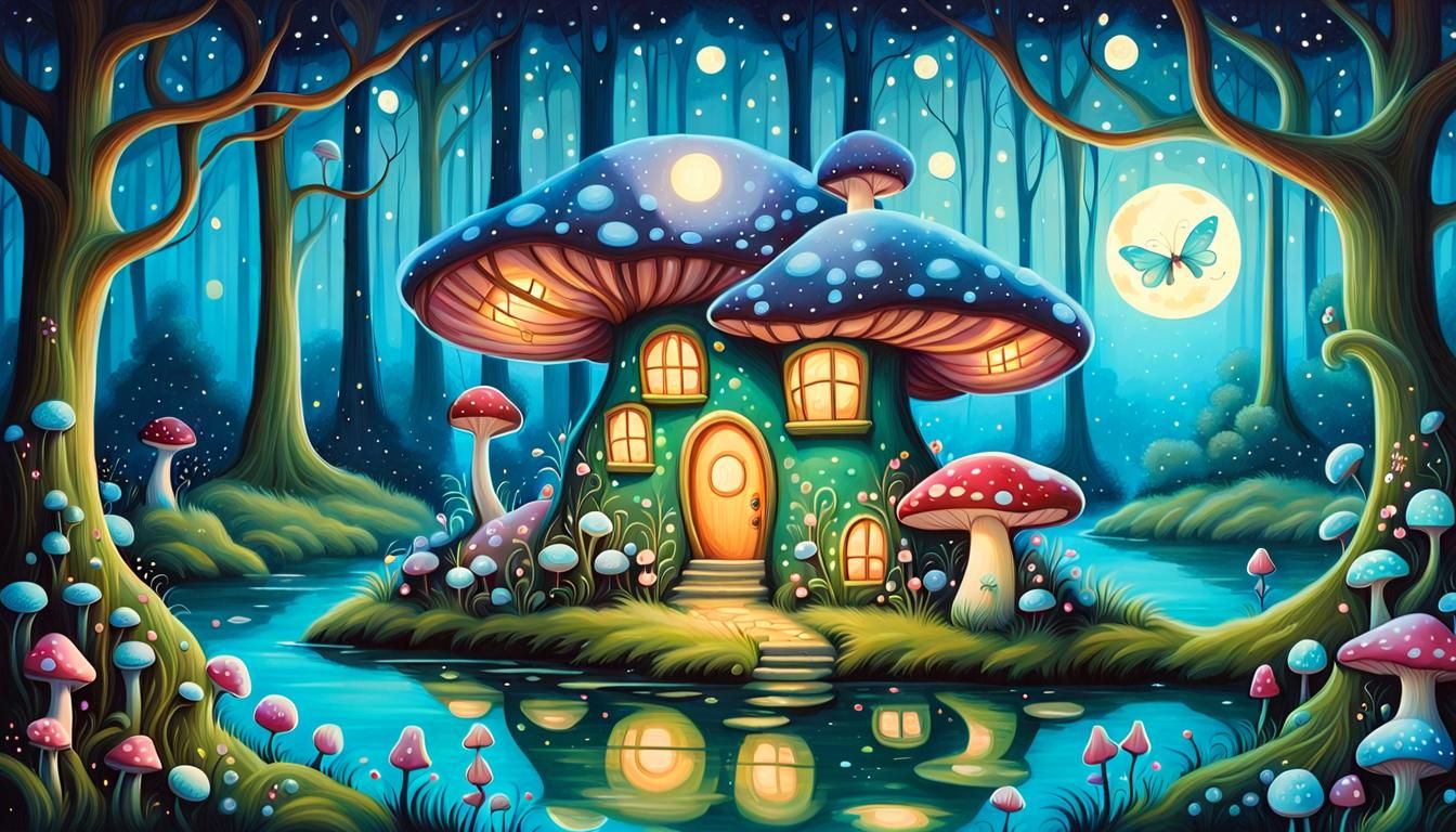 Enchanted Mushroom House with Fairies and Forest Animals