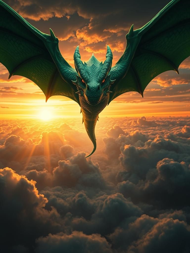 Majestic Green Dragon Flies in Fantasy Art Style