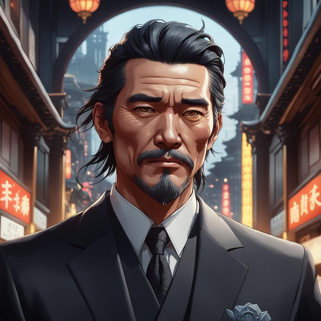 Hyperdetailed Portrait of Japanese Man in Black Suit
