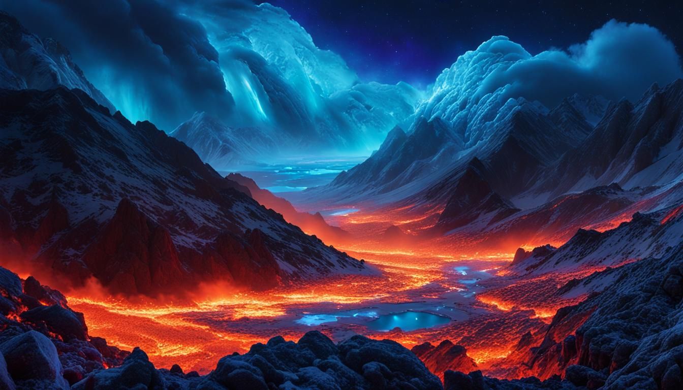 Bioluminescent Sky Over Ice and Fire Landscape