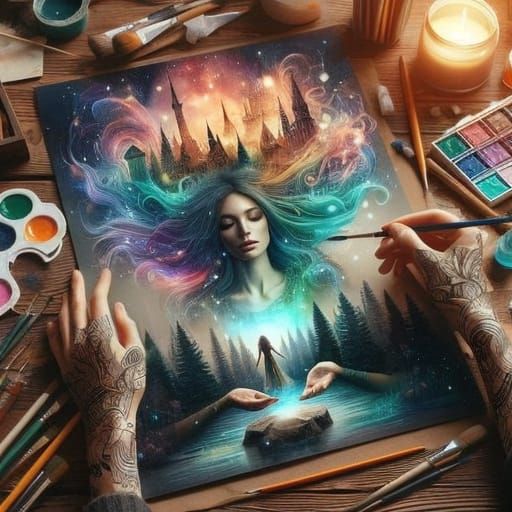 Surreal Double Exposure Painting of Enchanted Woodland and A...