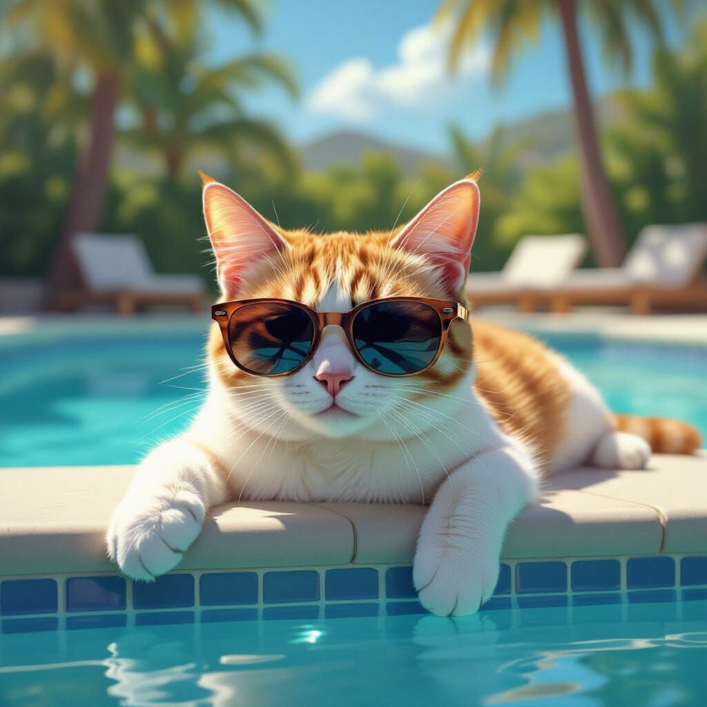 Cat Lounging by Pool in Playful Photorealistic Style