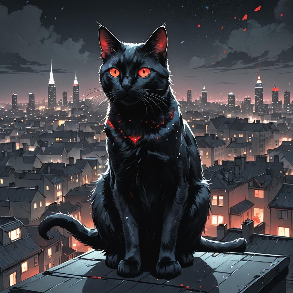 Black Cat on City Roof: Dark Fantasy Illustration