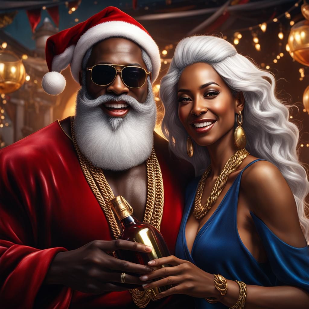 Hyperrealistic Portrait: Black Santa and Wife in Streetwear