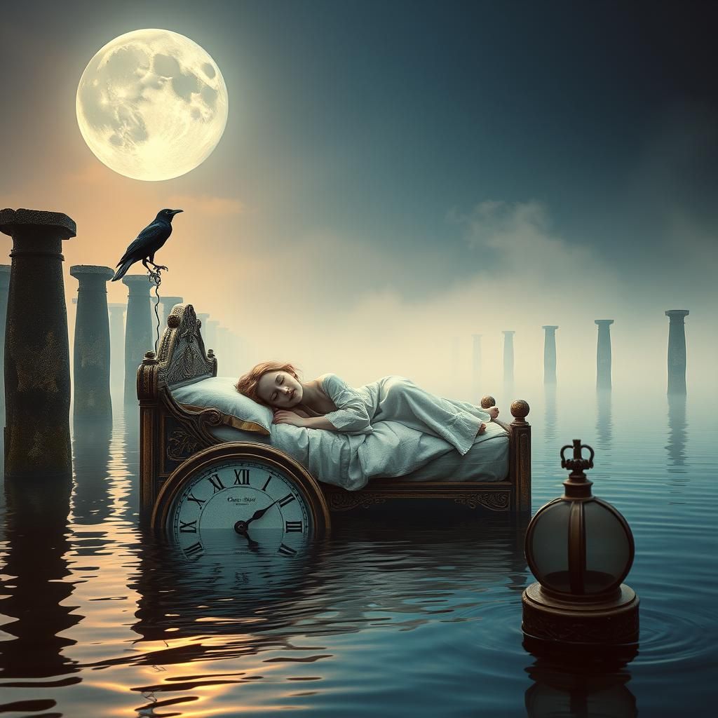 Angelic Girl Sleeps on Floating Bed in Misty Lake