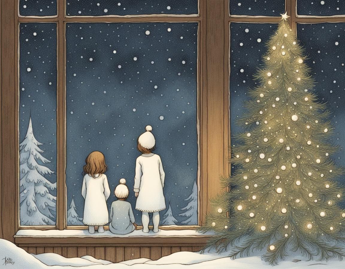 Children Gaze at Snowy Christmas Night in Bauer Style