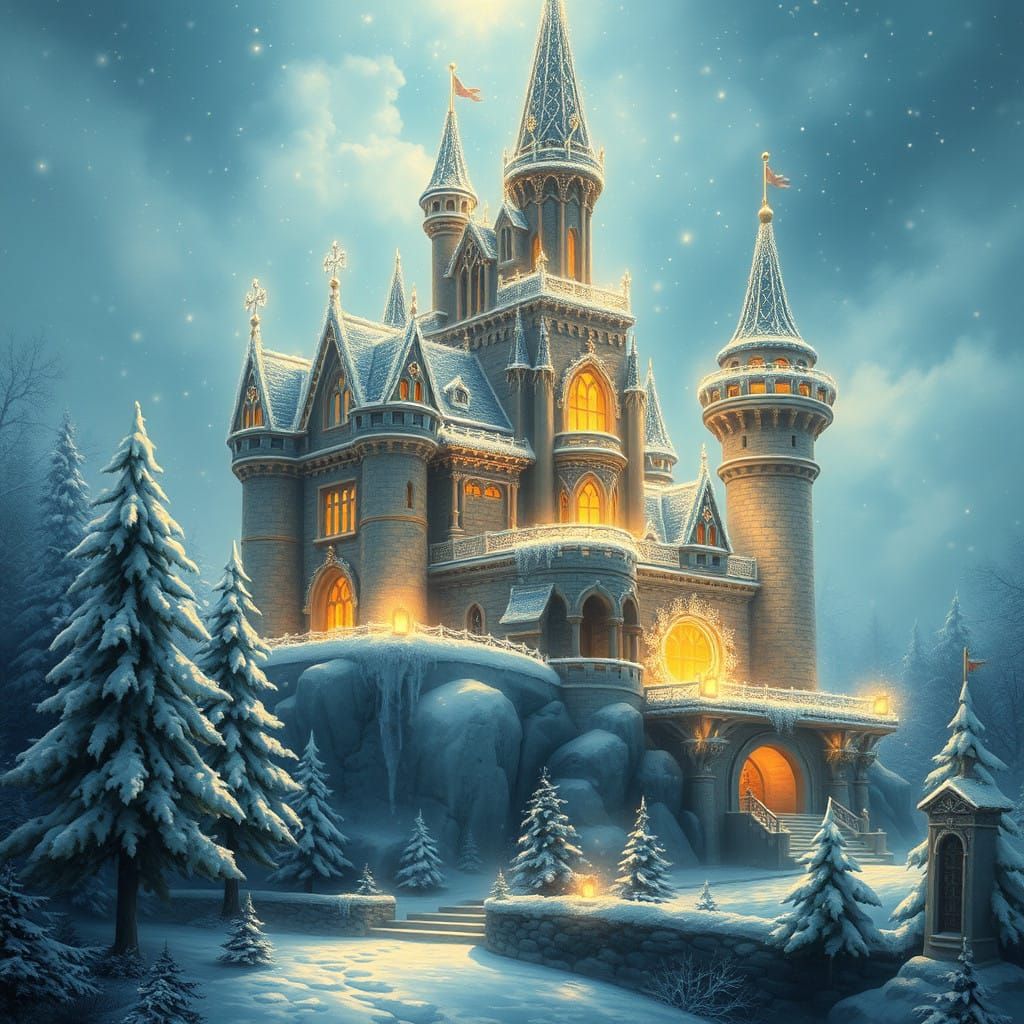 Surreal Christmas Castle Illuminated in Whimsical Winter Won...