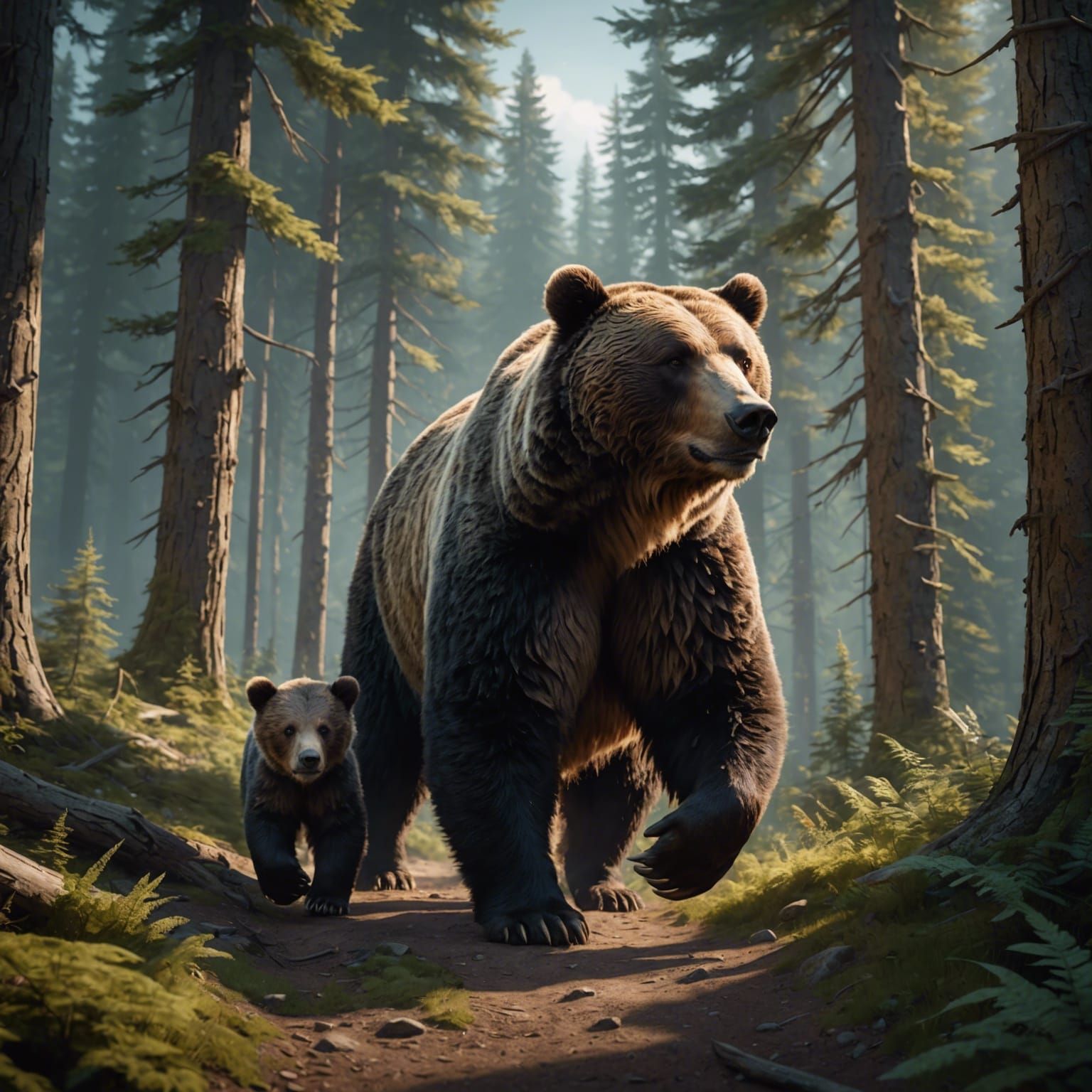 Grizzly Mama Bear and Cub in Forest