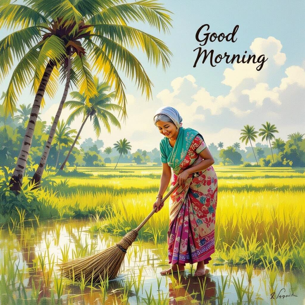 Malay Woman Sweeping Yard in Golden Sunlight, Impressionisti...