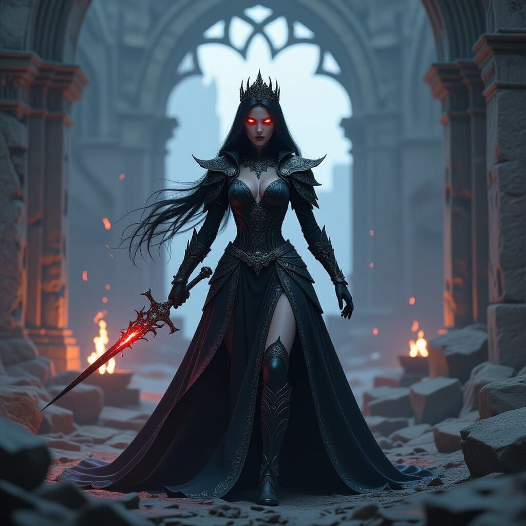 Evil Princess Wielding Dark Magic in Ancient Ruins