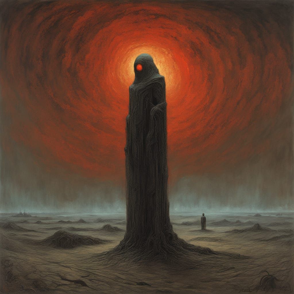 Melancholic Robot in Desolate Cosmic Gothic Landscape