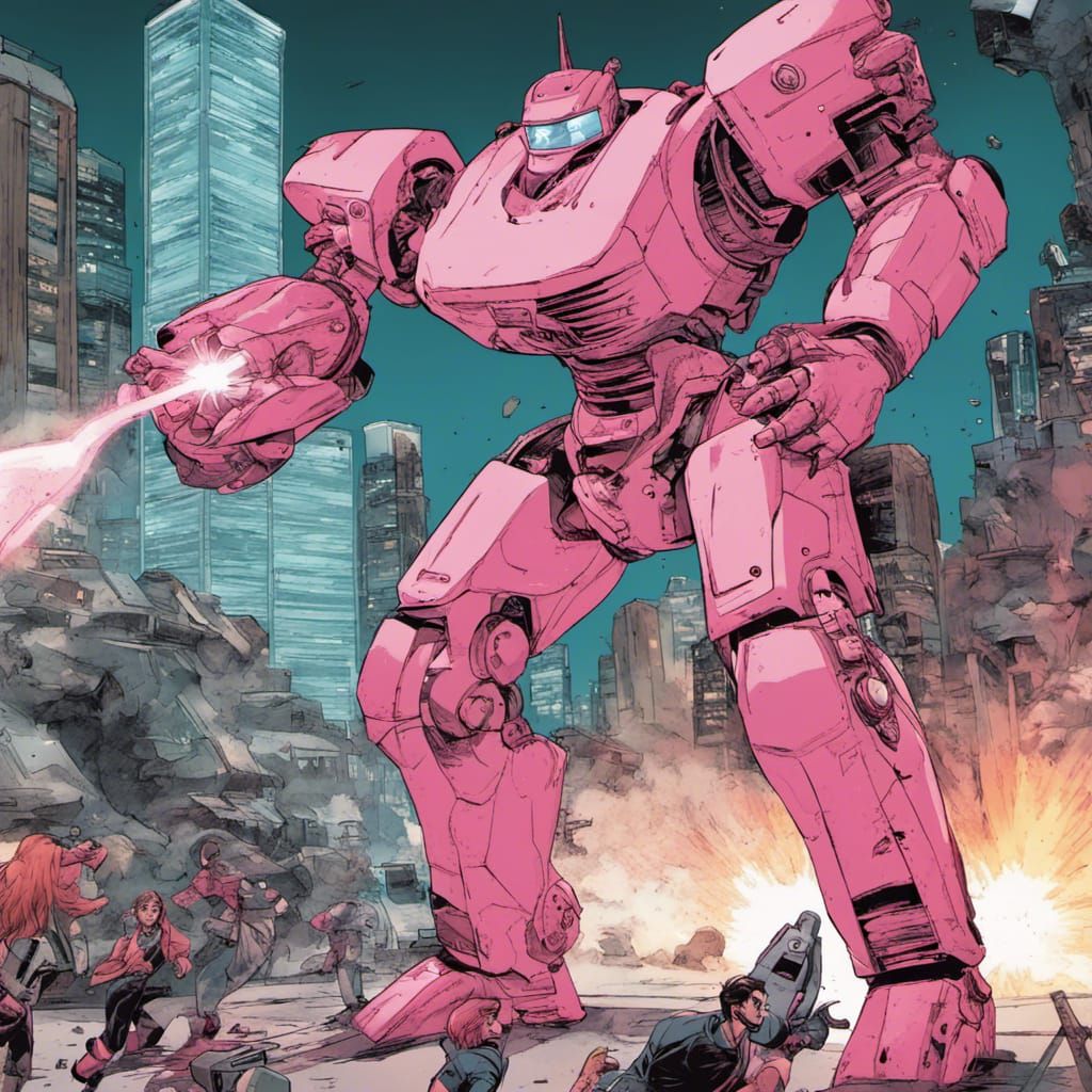 Martial Artist Battles Giant Pink Robot in Comic Style