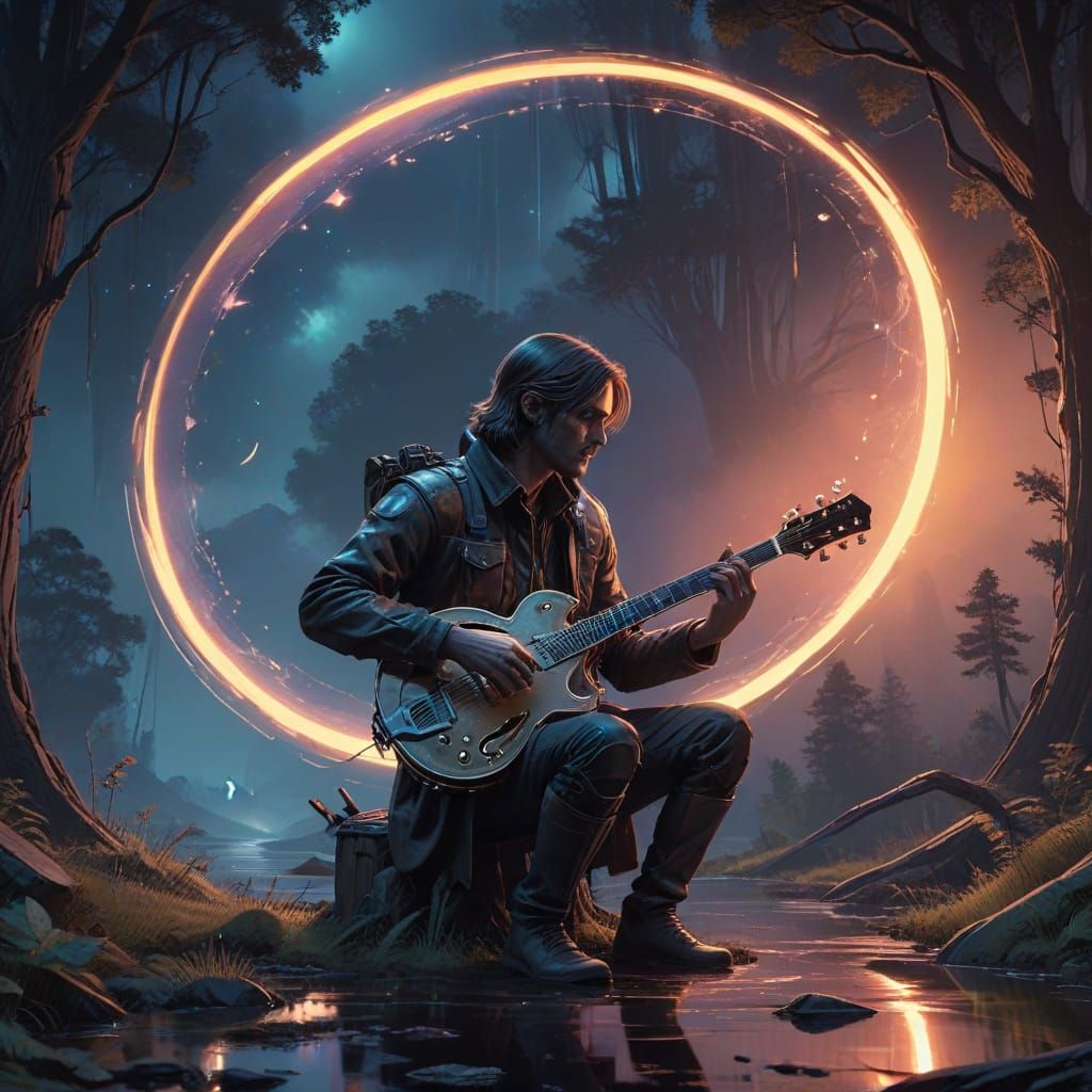 Surreal Banjo of the Glowing Crescent Moon in Hyperrealistic...