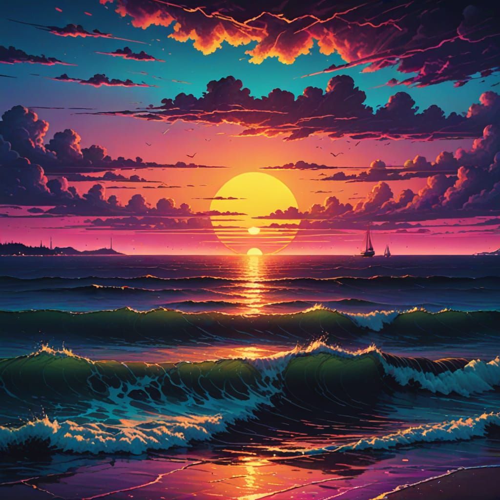 Retro Maine Sunset Over Ocean in Vibrant Oil Painting Style