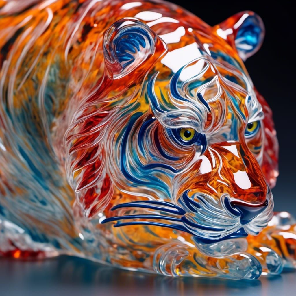 Colorful Translucent Glass Sculpture of a Tiger