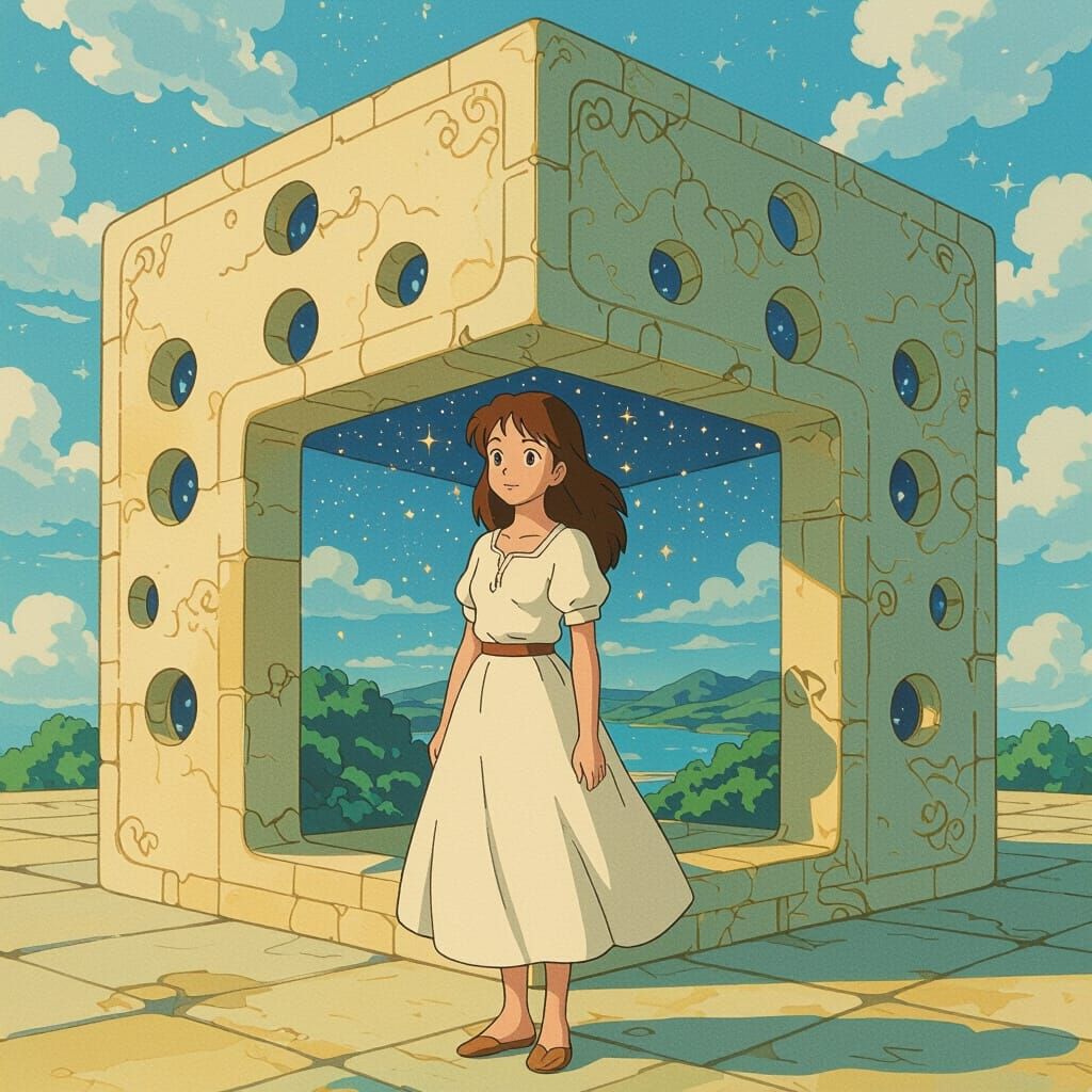 Ghibli-Style Cube World with Woman and Vistas