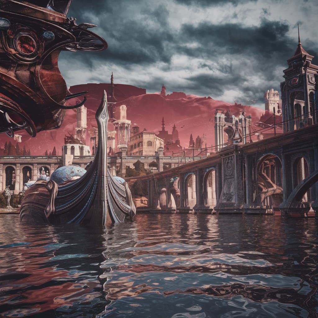 Fantastical Cityscape with Intricate Boat: Matte Painting