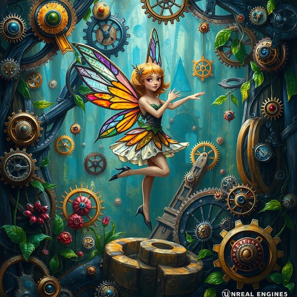 Mischievous Fairy in Surreal Clockwork Forest - Impasto Oil ...