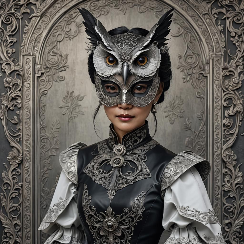 Thai Woman in Faux Leather Owl Mask, Digital Art