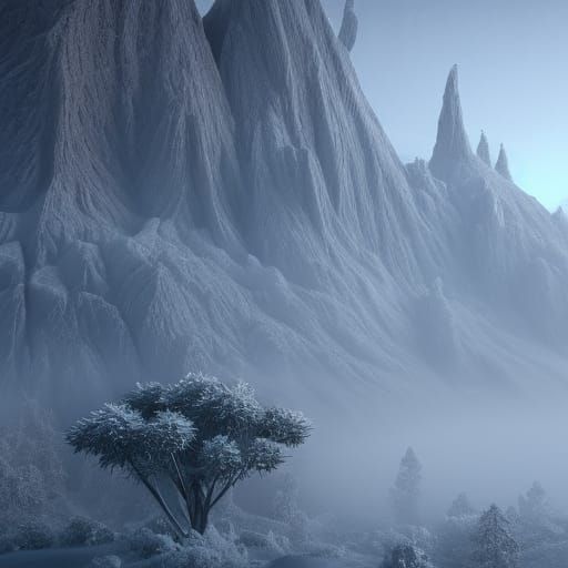 Icy Mountains and Trees in Fog: Detailed Matte Painting