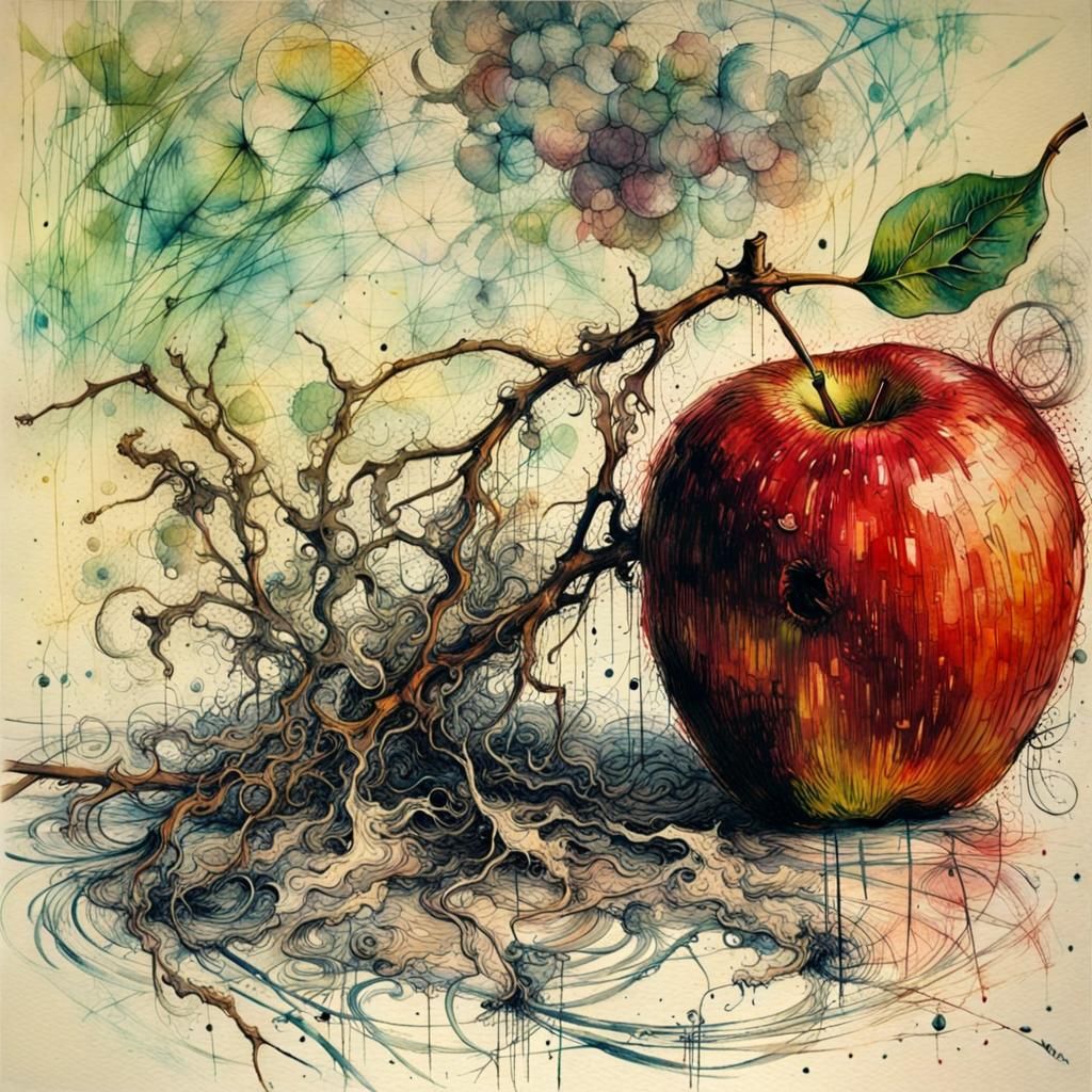Juicy Apple in Romantic Ink Painting Style