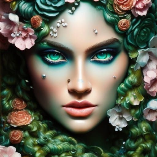 Green-Eyed Girl Portrait with Floral Curls