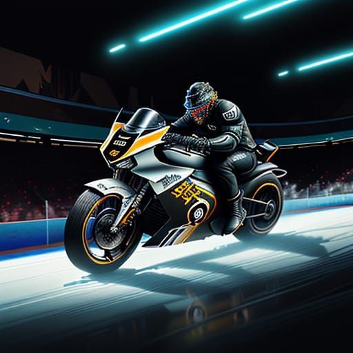 Futuristic Ice Hockey Rider in Neon-Lit Rink