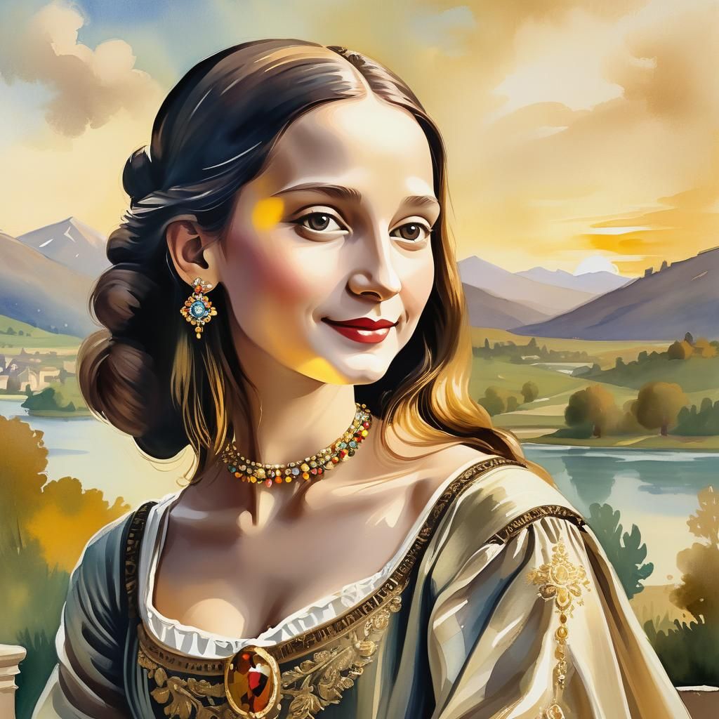 Mona Lisa Gouache Watercolor Masterpiece in Renaissance Styl...
