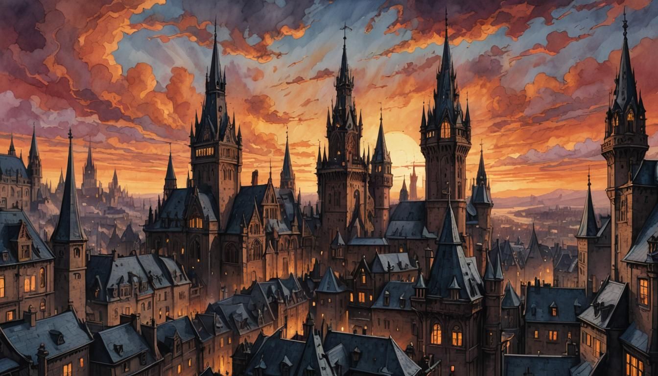 Gothic Fantasy Cityscape at Fiery Sunset