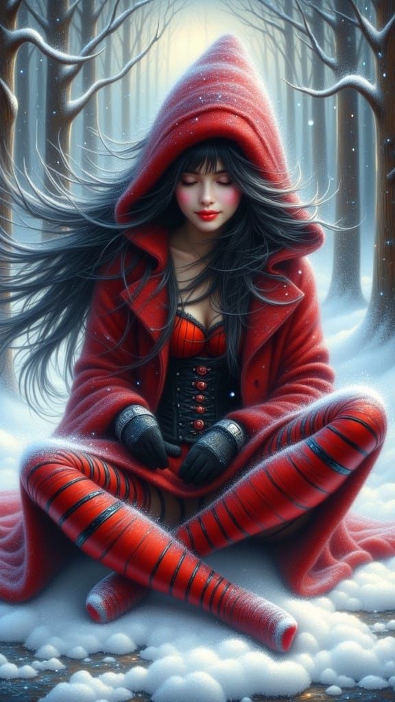 Dark Whimsy Winter Wonderland Scene with Red Riding Hood