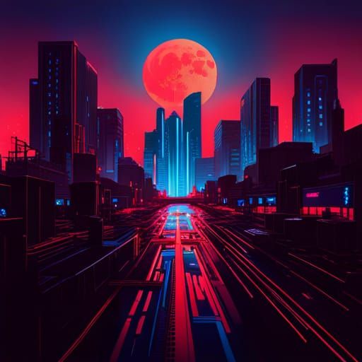 Cyberpunk Cityscape with Red Moon in Neon Colors