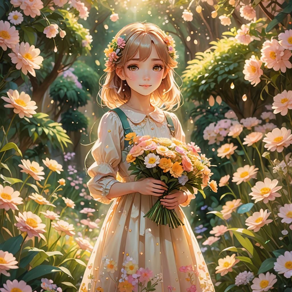 Anime Flower Girl in Lush Garden Concept Art