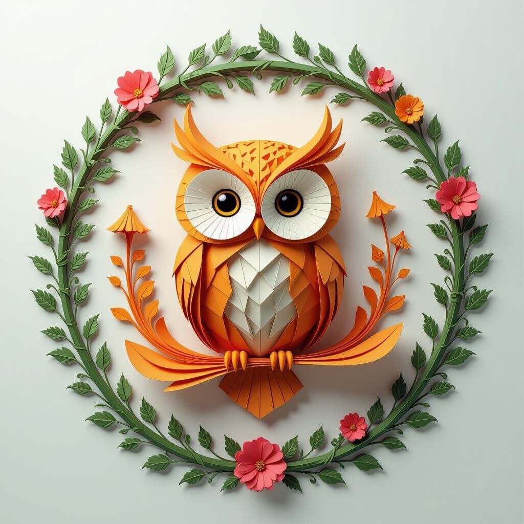 Stylized Origami Owl with Botanical Flourishes in Fractal Fl...