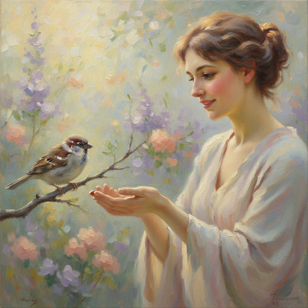 Woman Comforts Bird in Soft Focus Oil Painting