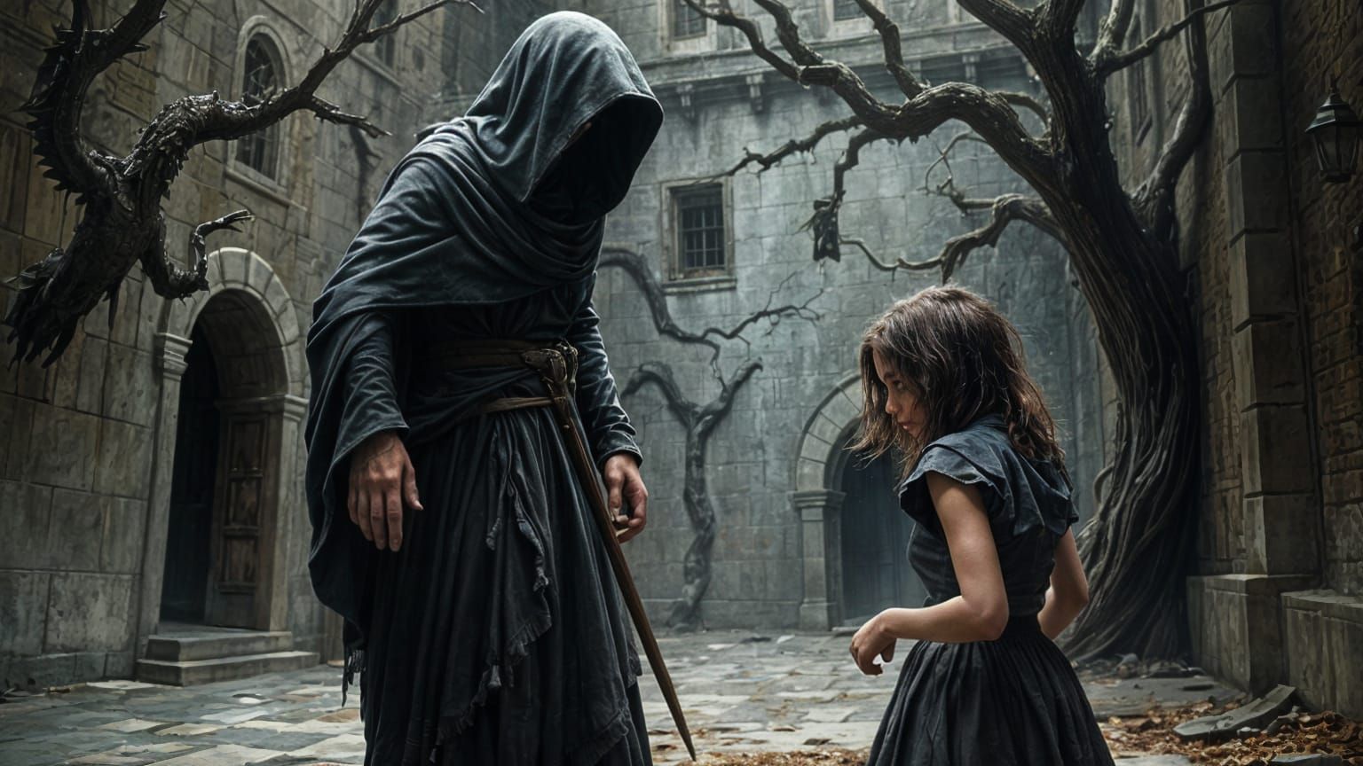 Mysterious Dark Mother Figure Approaches Young Girl in Haunt...