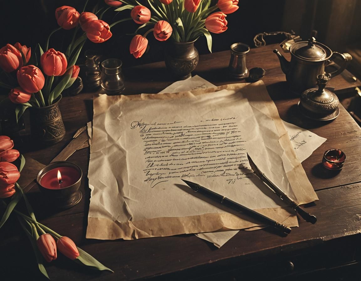 Dramatic Still Life with Quill Pen and Tulips