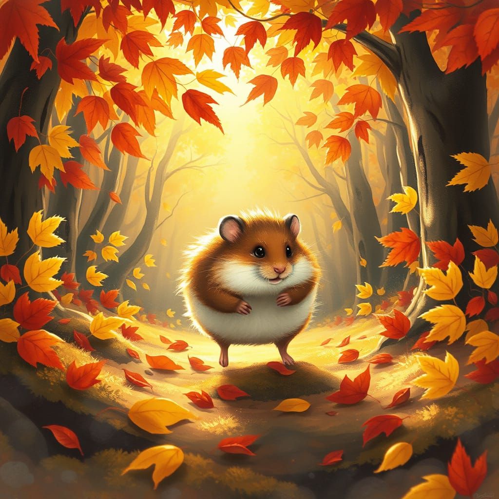 Fluffy Hamster in Vibrant Autumn Forest Storybook Style