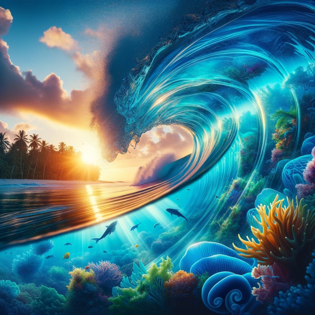 Electric Blue Wave Crashes on Tropical Shore with Sealife