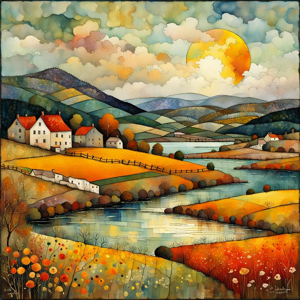 Intricate Patchwork Landscape in Watercolor and Ink