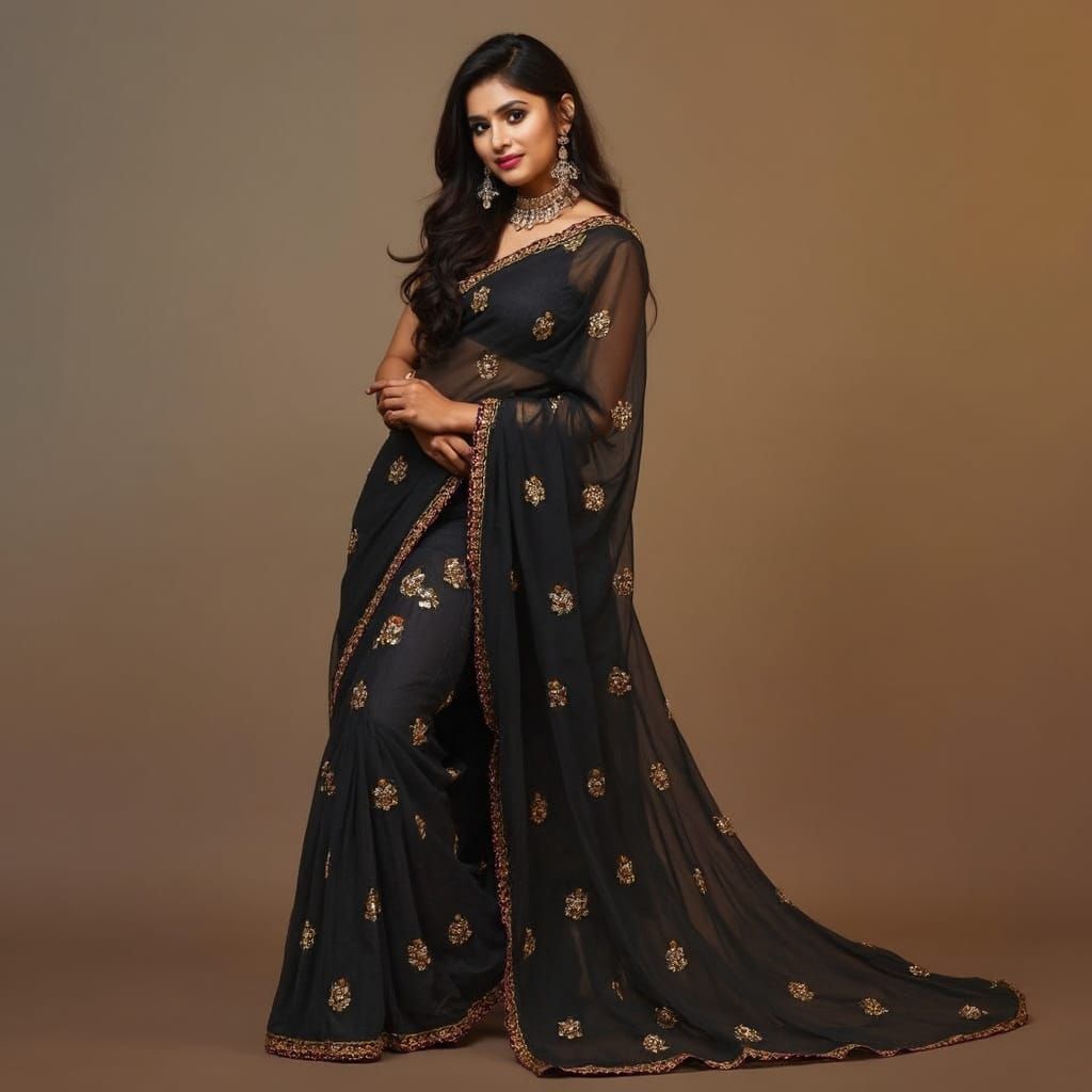 Woman in Black Saree: Classic Indian Portrait