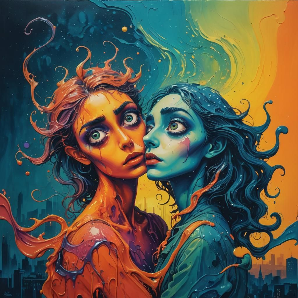 Surreal Lovers Embrace in Melting Cityscape