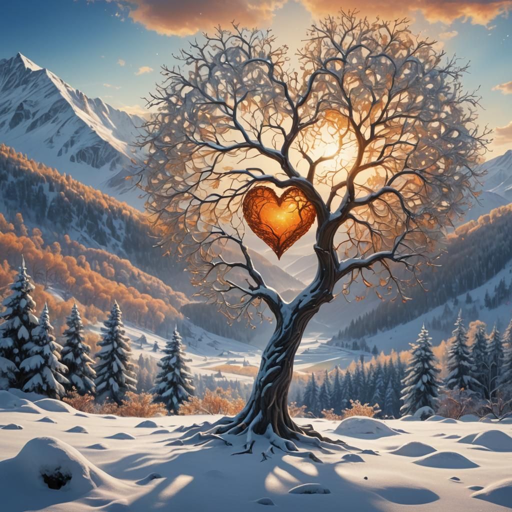 Heart Tree in Snowy Landscape, Digital Fantasy Art
