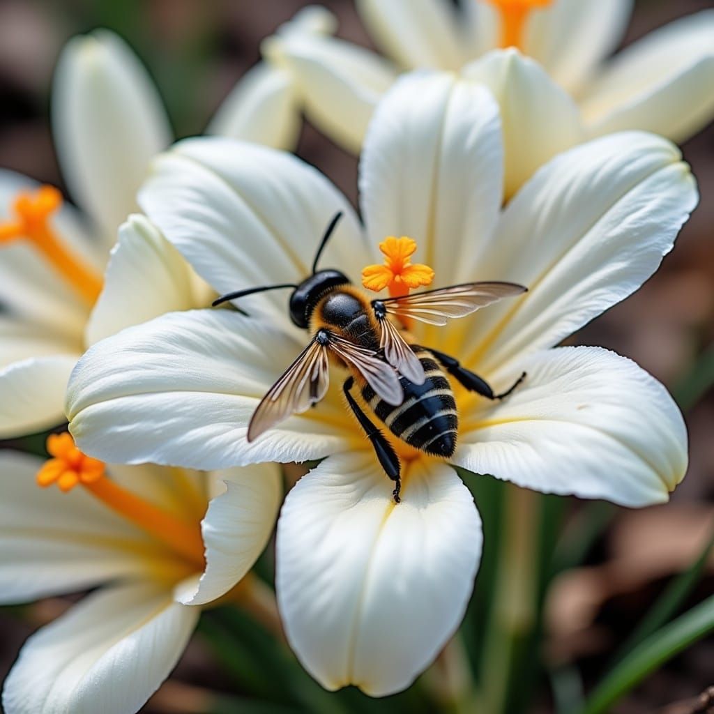 Bee Sleeping on Crocus Flower, Detailed Macro Shot