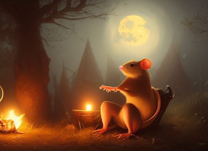 Victorian Mice Campfire Under Full Moon