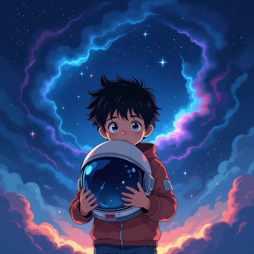 Boy Holds Space Helmet in Eerie Galaxy Anime Style