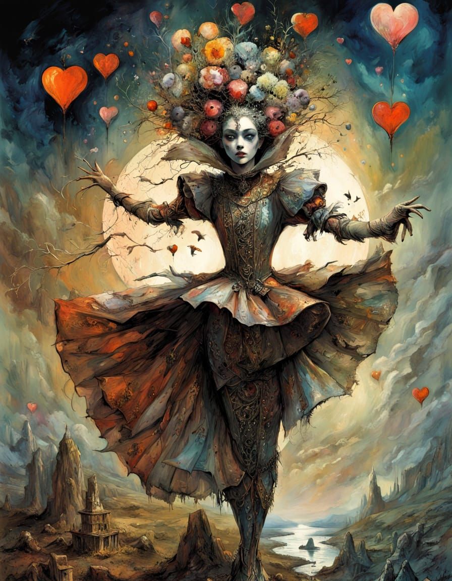 Jester Dances With Bioluminescent Heart on Vintage Card